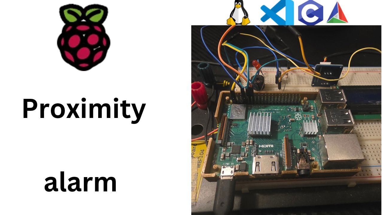 Raspberry Pi 3 Model B+ wired to an ultrasonic sensor, buzzer and LCD for a proximity alarm project