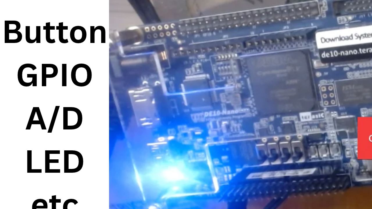 DE10-Nano board close-up labeled Button, GPIO, A/D, LED, etc.