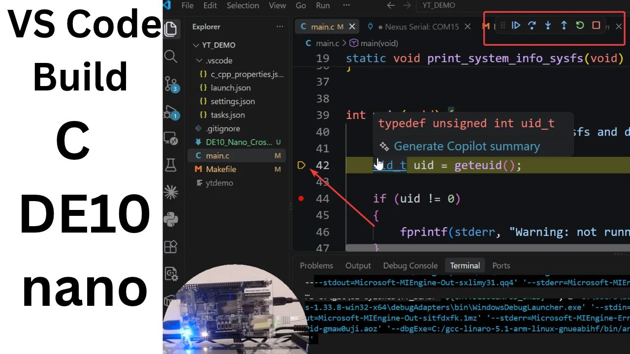 VS Code debugging a cross-compiled ARM Linux program running on a DE10-Nano board