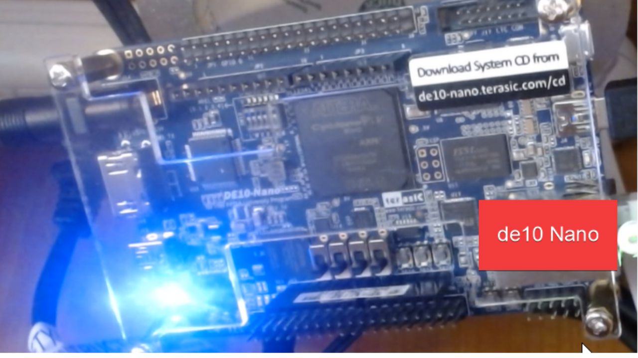 DE10-Nano SoC FPGA board with a lit onboard blue LED